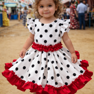 Traje flamenca infantil rojo, blanco y negro lunares